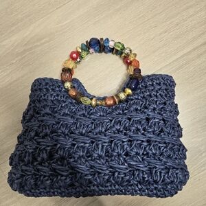 Navy Crochet Style Bag with Beaded Handle